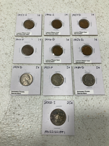 (6) Pennies 1944-1957 (3) Nickels 1937-1989 (1) Quarter 2002