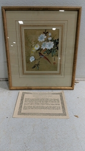 (1) Framed Chinese Cork Watercolor w/ Bird & Flowers - Certificate of Authenticity