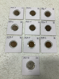 (9) Pennies 1916-1929 (1) Nickel 1937