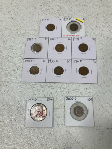 (8) Pennies 1916-1937 (1) Dime 2000 (1) Half Dollar 1971