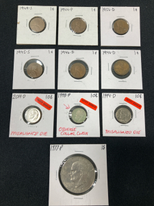 (6) Pennies 1944-1956 (3) Dimes 1994-2014 (1) Dollar coin 1977