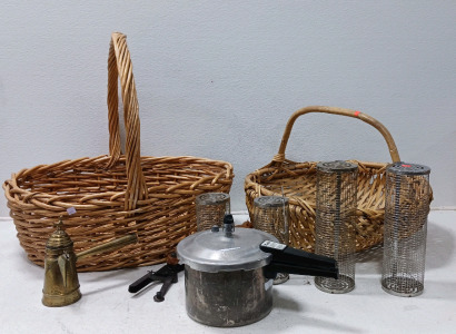 (2) Wicker Large Basket, Pressure Cooker, Tea Kettle, Vintage Clay Pigeon Thrower, Deep Fryer Round Racks (2) Small (2) Large