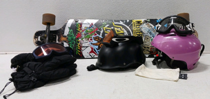 Santa Cruz Longboard, (2) Snow Helmets, (3) Goggles (2) Sets of Snow Gloves