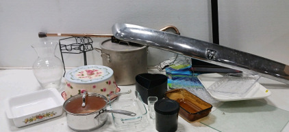 Various Trays, Cake Dish With cover, Vase, Walking Cane, Cutting Board, Pot And More