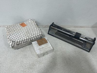 (1) Tile cutter (1) Basket of penny tiles & backsplash