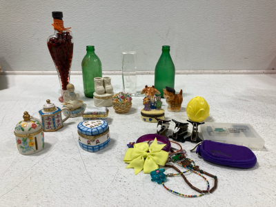 Vintage Trinket Boxes, Vintage Green Glasses, Mini Office Supplies, Jewlery, And Coin Purse