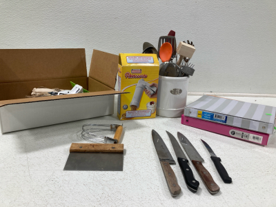 (4) 1inch Binders, Assorted Kitchen Utensils, Utensils Glass Jar, Knives, And More!