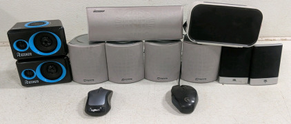 (1) Audio & Peripheral Collection w/ Pioneer, JBL & Reccazr Speakers, Logitech Mice & Sharper Image VR/AR Goggles, Assorted Cables