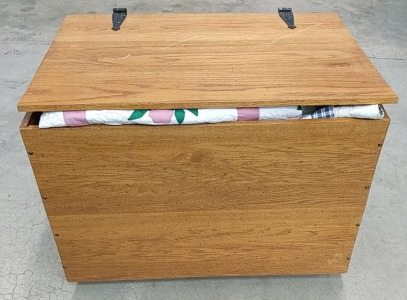 (1) Wooden Storage Chest on Casters w/ Rope Handles - 35⅝"&times;24⅝"&times;27"H (14) Assorted Quilts & Blankets