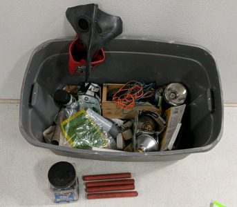 (1) Utility Bin w/ Plague Doctor Mask, Light Bulbs, Cables, 15 Min Red Safety Fusees & Miscellaneous Supplies