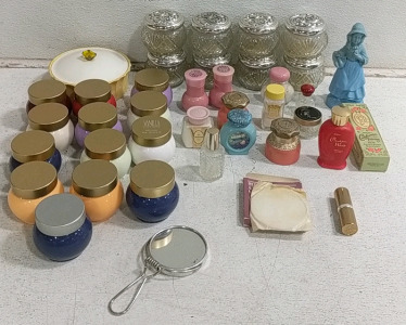 (1) Collection of Vintage Avon Bottles, Creams & Cosmetic Jars w/ Mirrors & Accessories