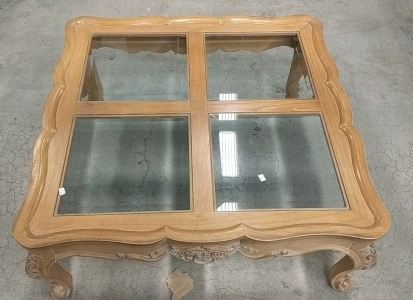 (1) Ornate Glass-Top Coffee Table w/ Carved Wood Frame - 40"&times;40"