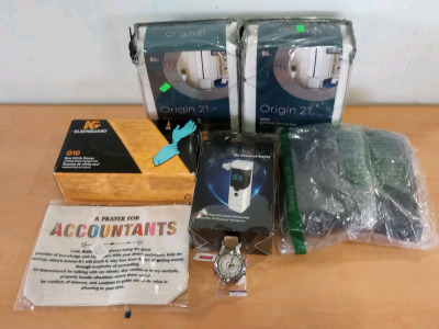 (1) Timex Watch With Box (2) Original 21 Nove Rod Pocket 50"x84" Curtains (1) Pack of Large G10 Nitrile Gloves (cow)