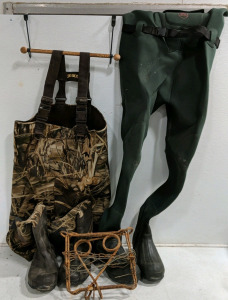 (1) Outdoor Gear Set &ndash; BoneDry Camo Waders - Size 14, ProLine Green Waders - Size 11, Vintage Animal Trap