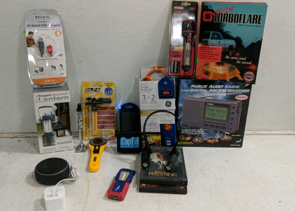 (1) Craftsman Worklight (1) SOS Turboflare (1) Handheld Solar Charger (1) OLFA Rotary Circle Cutter (2) Surge Protector and More!!