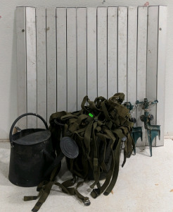 (1) Vintage Metal Jug (1) Military Webbing (1) Metal Blinds - 34"×31⅝" (2) Sprinkler