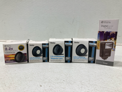 Camera Lens&rsquo;, (2)!Vivitar 2.2x Professional Telephoto Lens, (1) 0.43x Professional Wide angle lens with macro, (1) 2.2x Telephoto lens 58mm, (1) Digital Concepts Digital Slave Flash
