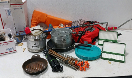 Camping Gear, Hand Held Auger, Pots, Tent Spikes, (3) Fly Boxes and more