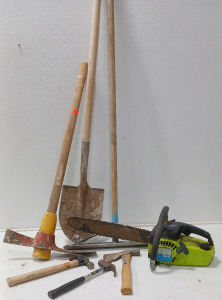 Poulan Chainsaw, Spade Shovel, Axe, (2) Hammers Hatchet