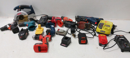Box Of Various Power Tool, Batteries and Chargers