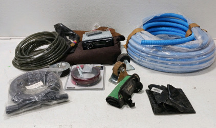 Sony Car Stereo W/Remote, 2G Battery Cables, (2) Casters, 3 Yards Brown Fabric, Pulley, 3/4in PVC Roll And More