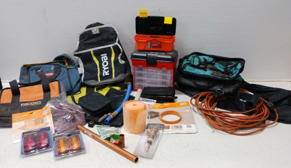 (3)Ryobi Tools Bags, Ridgid Tool Bag, Makita Tool Bag, 2 small Tool Boxes, Trailer Replacement Lights, Box Of Copper Piping And More