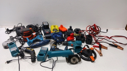 Box Of Various power Tools, Batteries, Battery Chargers and More