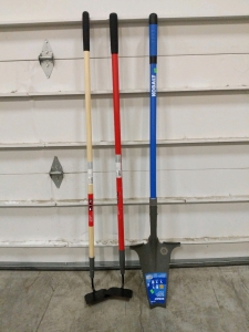 3) Garden Tools, Kobalt Root Shovel, Craftsman Wood Handle Garden Hoe, Craftsman Fiberglass Handle Garden Hoe (cow)