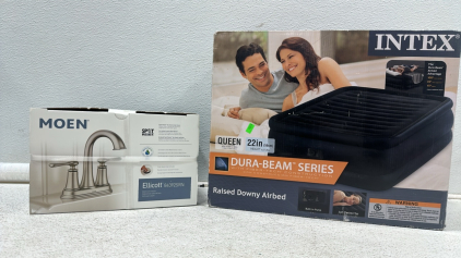 MOEN Ellicott Bathroom Faucet, INTEX Dura-Beam Raised Downy Airbed