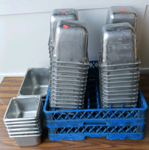 2) Dish Trays, (55)2.7qt Stainless Pans, (6)1.7qt Stainless Pans, (2)6qt Stainless Pans (perch)
