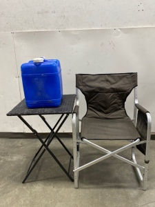 Folding Camp Chair, Water Jug, and Folding Table