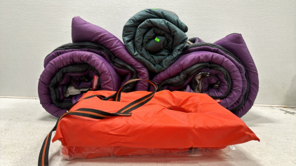 (3) Sleeping Bags, (2) Kent Life Vests