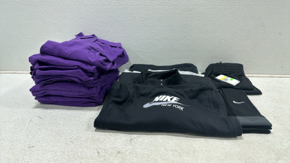 (2) Size S Kids Nike Shorts, Size XL Kids Nike Shorts, Size L Kids Nike Shirt, Kide Size L Kids Nike Hoodie, Size S Womens Dri-Fit Workout Shirt, Size L Kids Air Jordan Hoodie, Nike Socks, (12) Size 5XL Collared Shirts