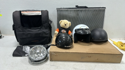 SAC Harley Davidson Bag, (2) Boeri Helmets, Cyber Open-Face Helmet, Headlight for Harley Davidson, Harley Davidson Teddy Bear, (2) Harley Davidson Flags, Radiator