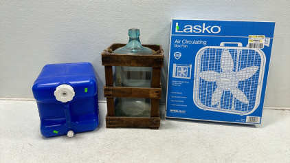 Lasko Box Fan, Large Glass Water Jug, Aqua-Tainer 6 Gal. Water Jug