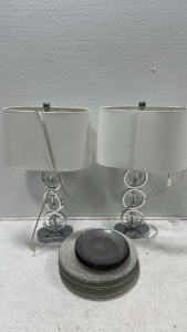 (2) Chrome Table Lamps, Set of (8) Large Plates, Set of (8) Small Plates