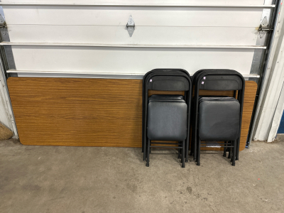 Large Wood Table with Folding Legs, (9) Black Folding Chairs
