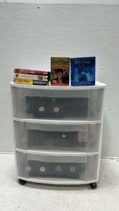Large Collection of VHS Tapes and DVDs, Rolling Plastic Drawers