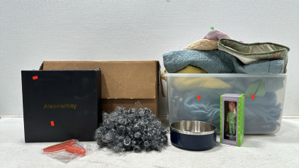 (3) Alsonerbay Corner Shelves, Heavy Dog Bowl, David Watkins Bobblehead, Dog Toys, Fur Brush, Collection of Blankets, Shoes