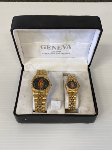 (2) His and Hers Gold Toned Virgen Mary Watches