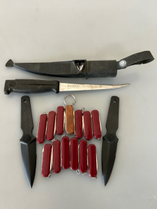 (13) Small Pocket Knives, (2) High Strength Plastic Keen Edge Knives, and A Falcon Filet Knife