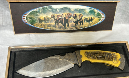 Carved Elephant Theme Collectible Knife With Case
