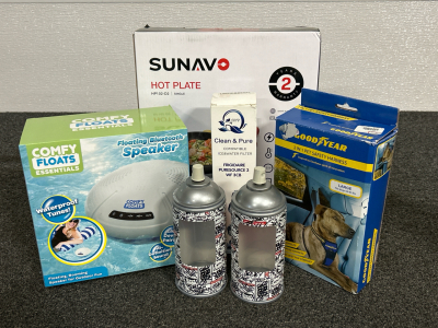 Floating Bluetooth Speaker, Ice & Water Filter, Pet Safety Harness, Hot Plate and (2) Decorative Cans