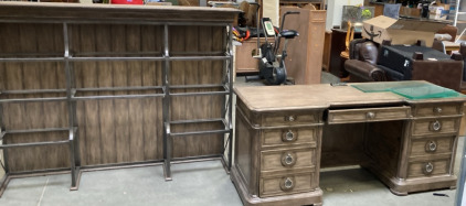 LARGE SOLID WOOD DESK WITH GLASS SHELVING.