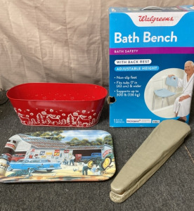 VINTAGE COCA COLA SERVING TRAY, RED TIN GIFT BOX, BATH SAFETY BATH BENCH.