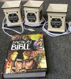 3 VERY PRETTY WAX WARMERS, THE ACTION BIBLE.