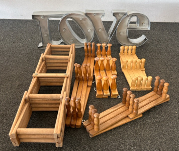 Light-up Love Sign, & Vintage Wooden Hangers