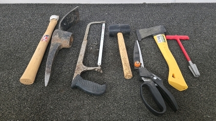 (1) Pittsburgh Hatchet (1) Pair of Fiskars Shears (1) Rubber Mallet (1) Pick Axe Head (1) Wooden Handle and More