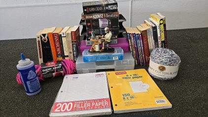 (1) Set of 28 Books From Various Genres and Age Groups Including Dean Koontz, Neil Gaiman, Christopher Pike, and So much More! (2) Unopened Reems of Paper (2) Skeens of Yarn and More!