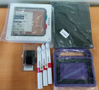 (1) 4 Way Lockable Door (1) Purple Kids Tabled Cover (3) Susan Bates Crochet Hooks & An Amazon Returns Box (sp1)